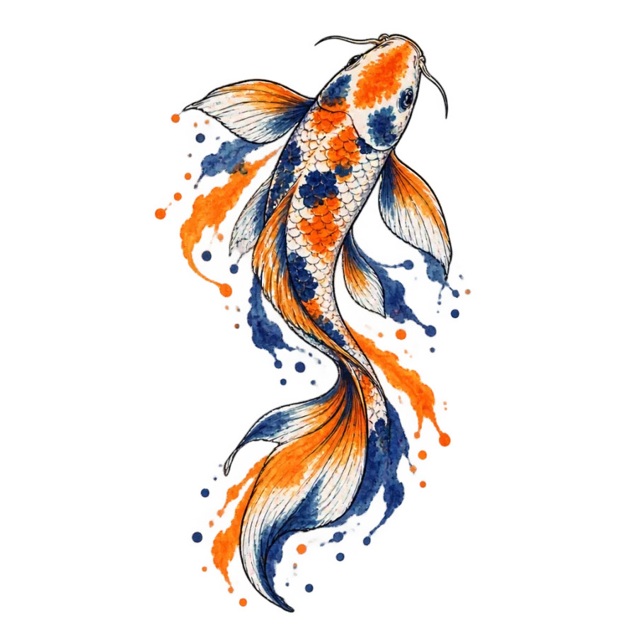 Watercolour tattoo design of a koi with orange and indigo washes