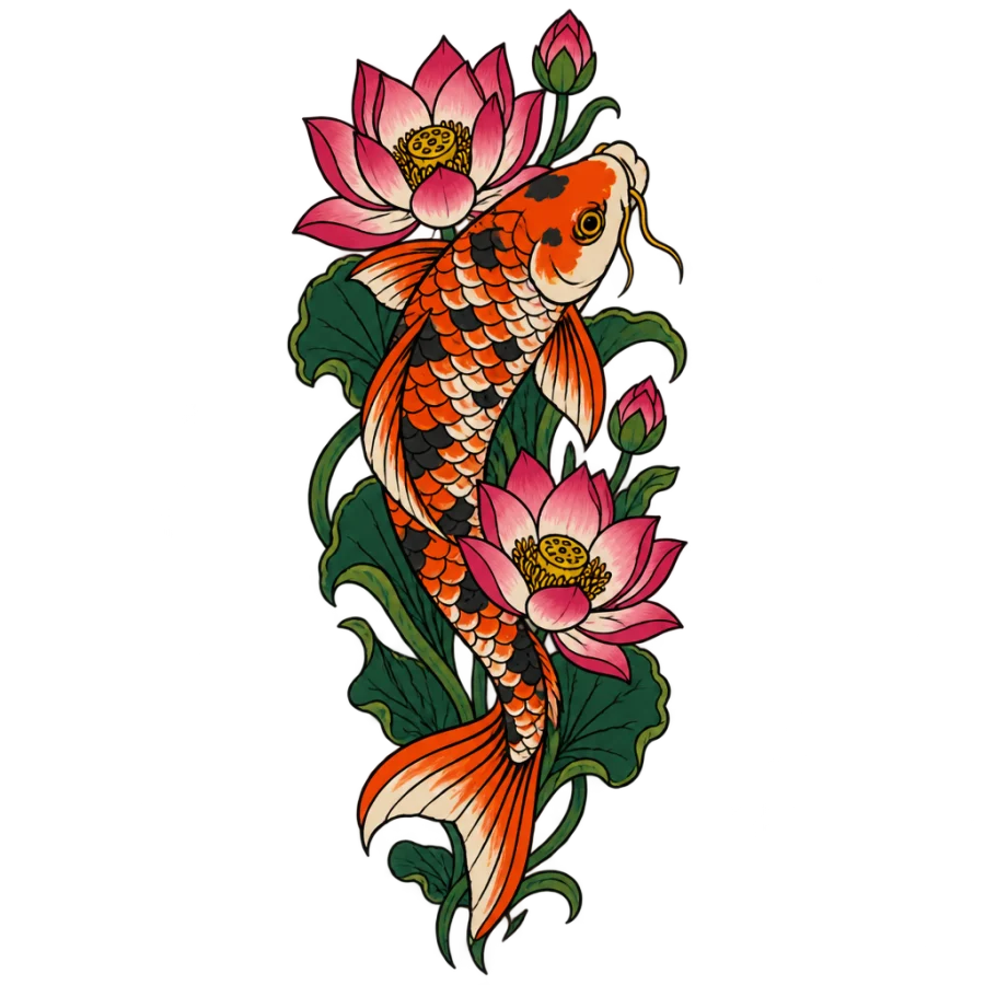 Neo traditional tattoo design of a koi wrapped in lotus blossoms
