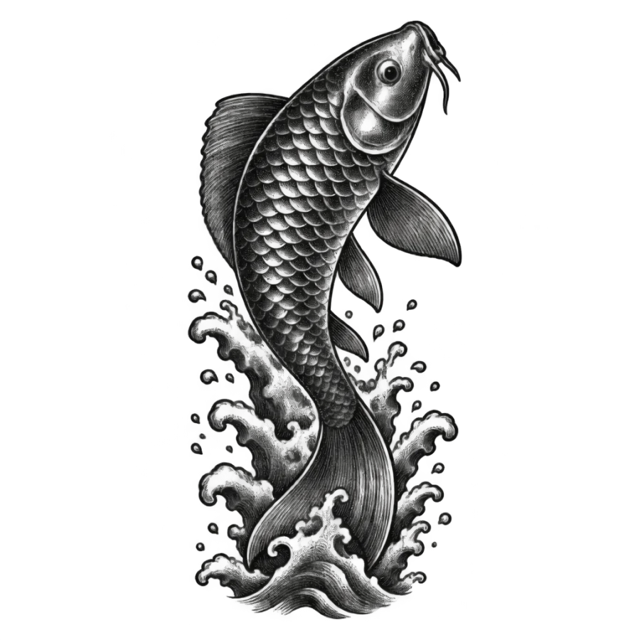 Engraved koi fish tattoo design of a carp leaping clear of the water