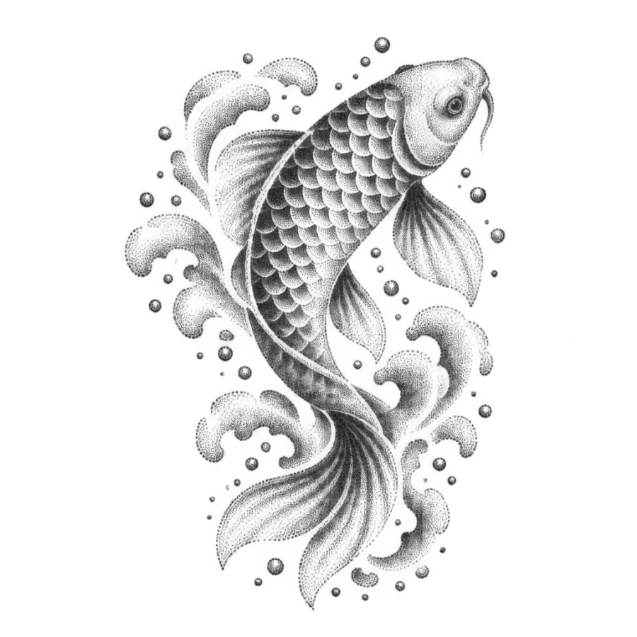 Dotwork koi fish tattoo design built entirely from stippled dots