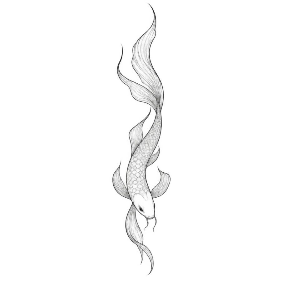 Fine line tattoo design of a slender koi with trailing fins
