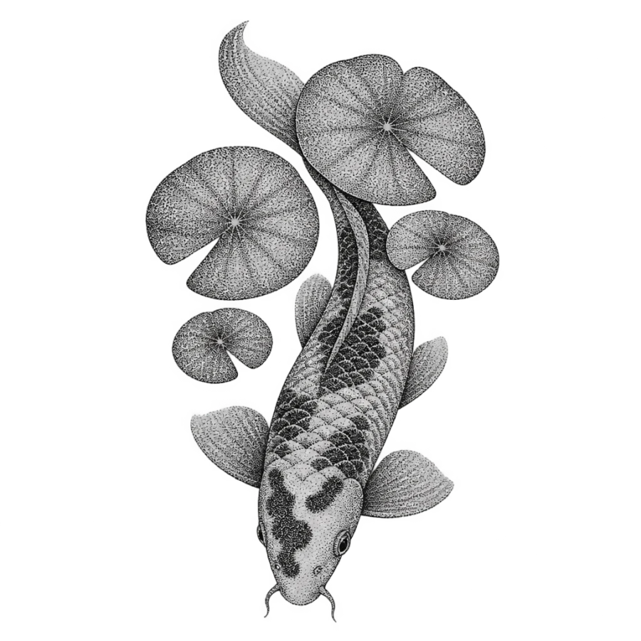 Dotwork tattoo design of a koi resting under lotus pads
