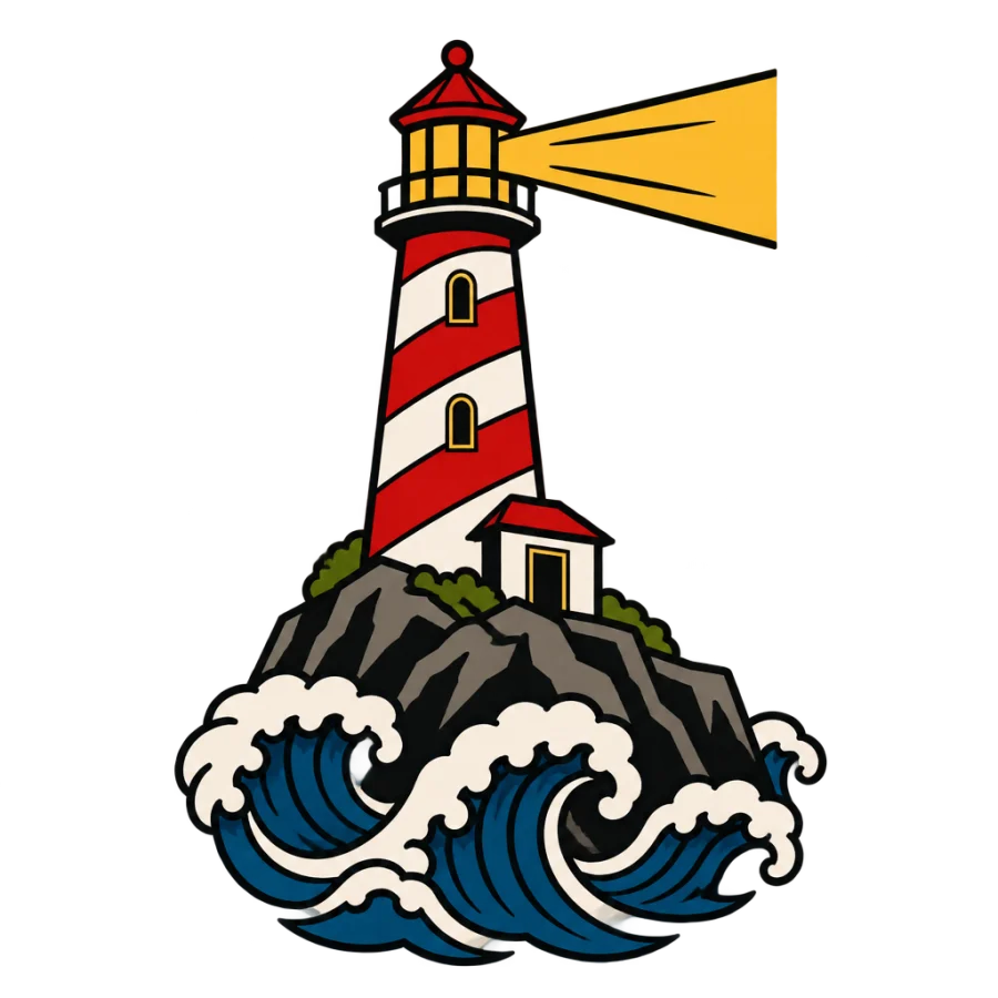 American traditional lighthouse tattoo design with a sweeping beam and bold waves