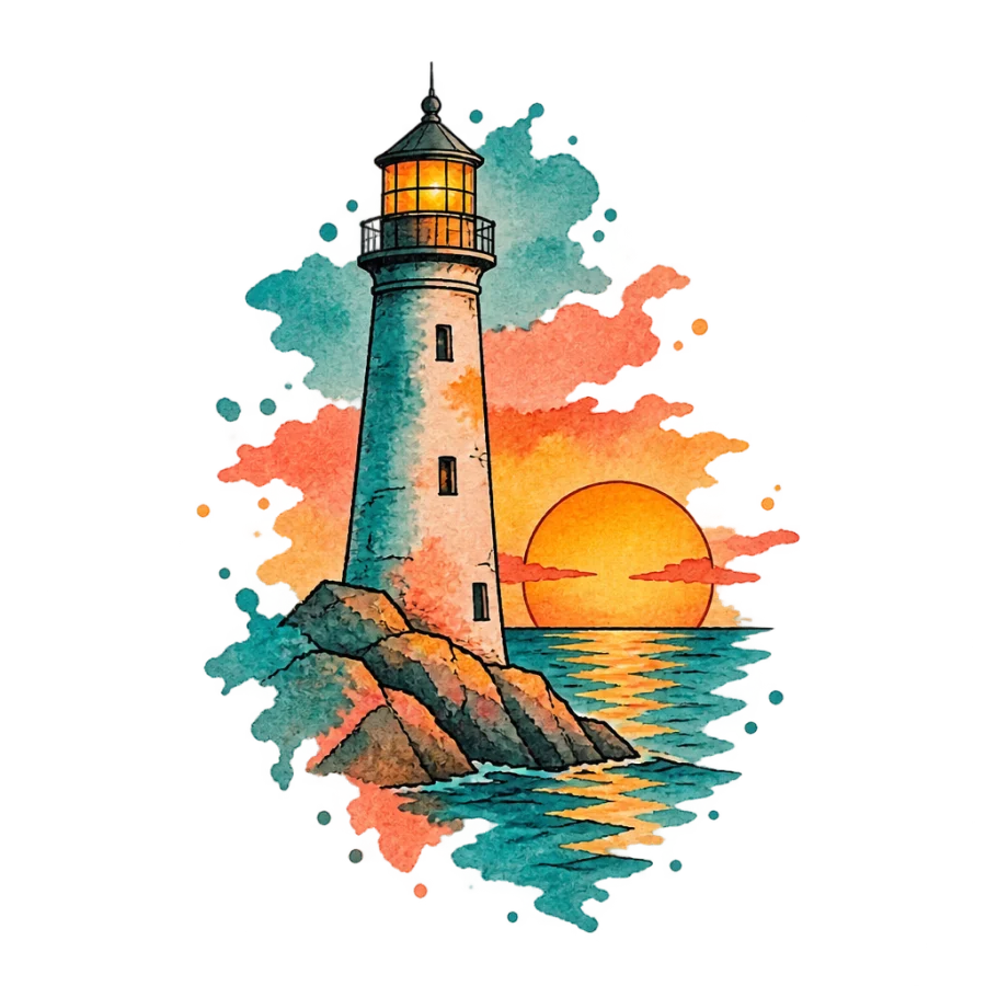 Watercolor lighthouse tattoo design washed in teal, coral and amber