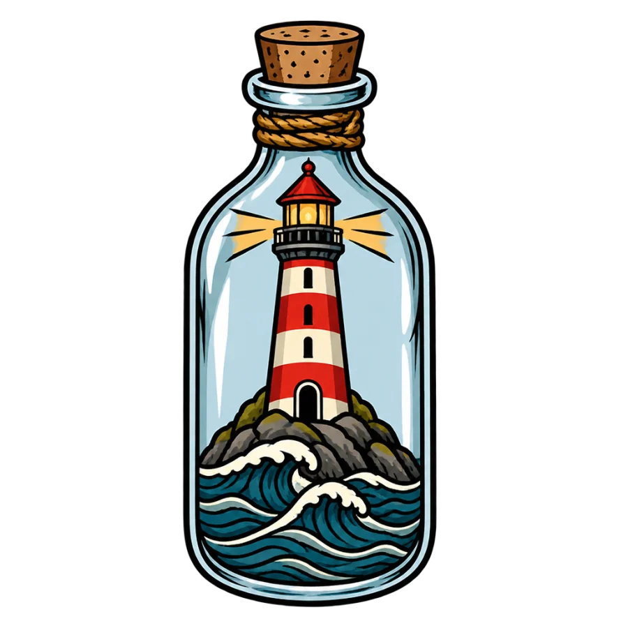 Neo traditional lighthouse tattoo design standing inside a corked glass bottle