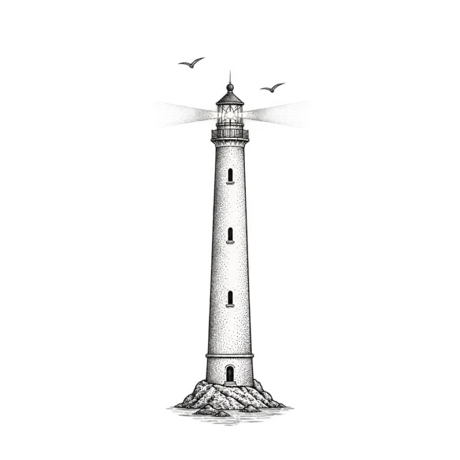 Fine line lighthouse tattoo design as a tall column with two gulls