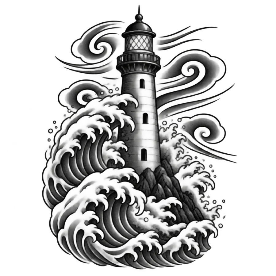 Japanese irezumi lighthouse tattoo design with crashing waves and wind bars