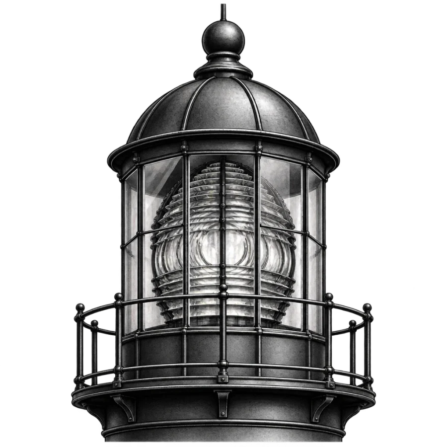Black and grey realism tattoo design of a lighthouse lantern room and lens