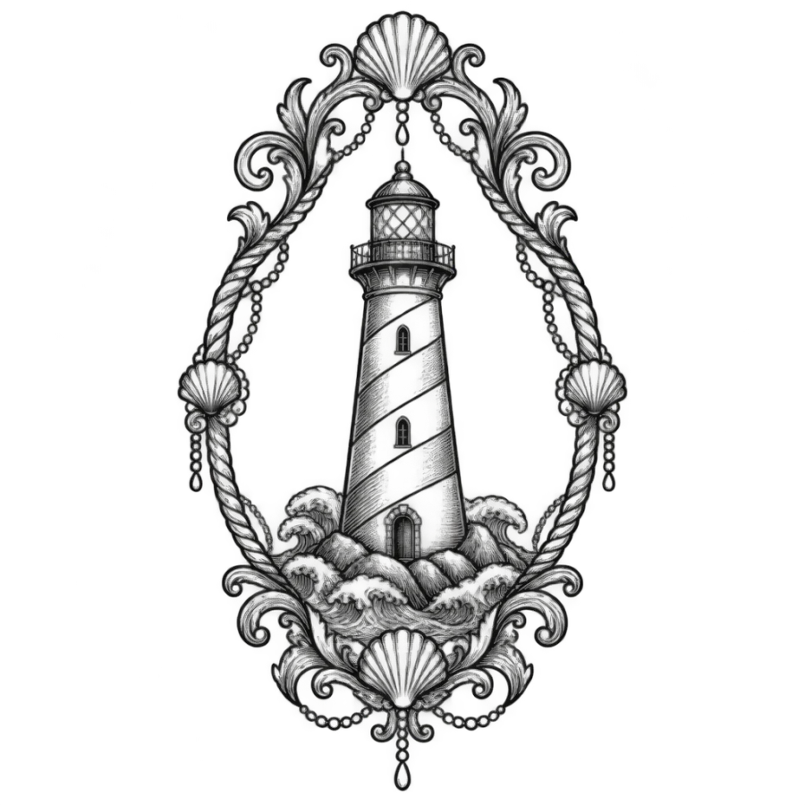 Ornamental filigree lighthouse tattoo design framed in rope and scrollwork