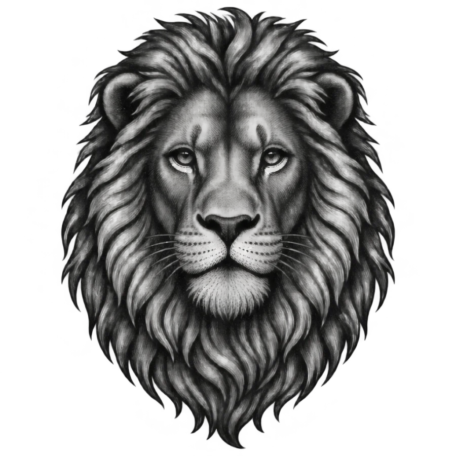 Engraved lion head tattoo design with a full mane in woodcut hatching