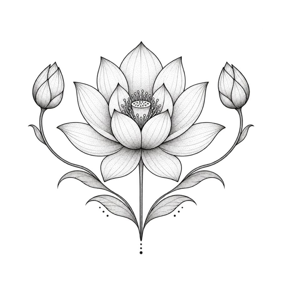 Fine line tattoo of a lotus in full bloom with two buds