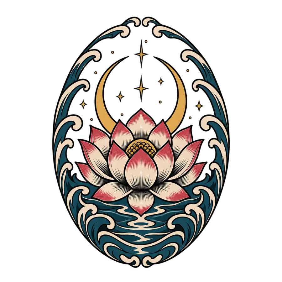 Neo traditional tattoo of a lotus with a crescent moon and stars