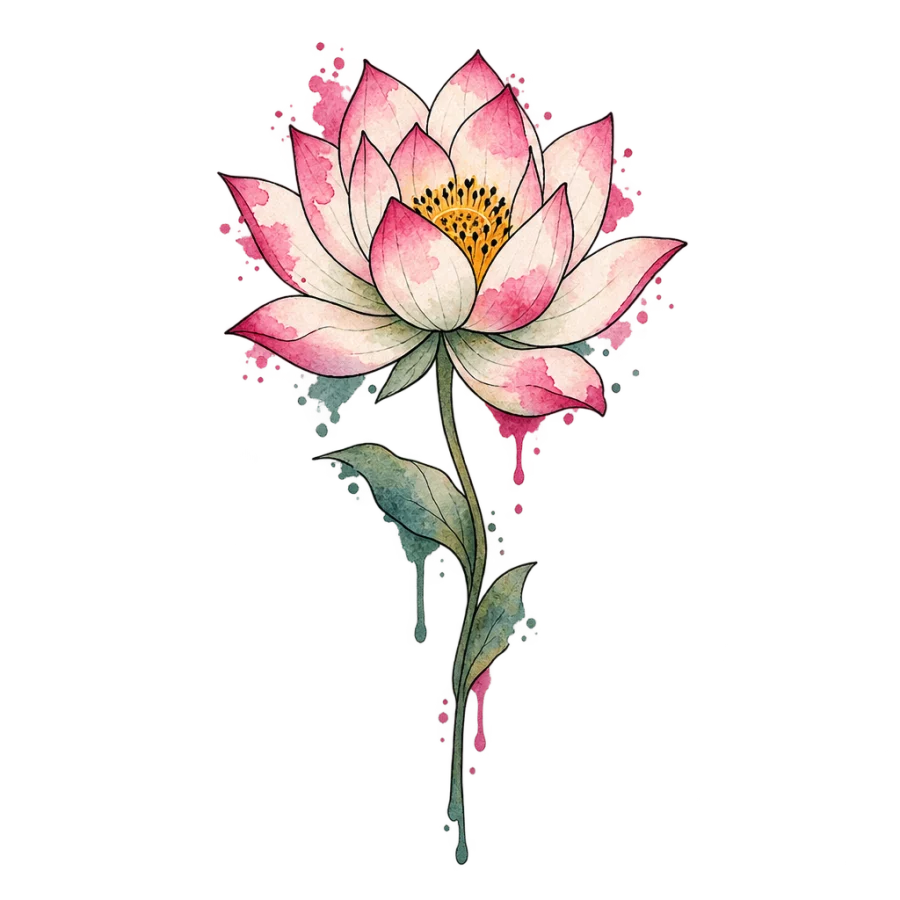 Watercolor tattoo of a lotus with loose washes over black linework