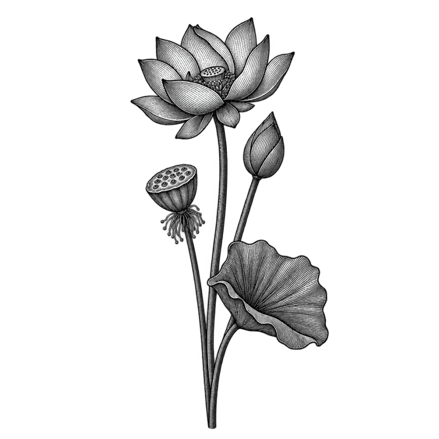 Engraving style tattoo of a lotus botanical plate with hatched shading