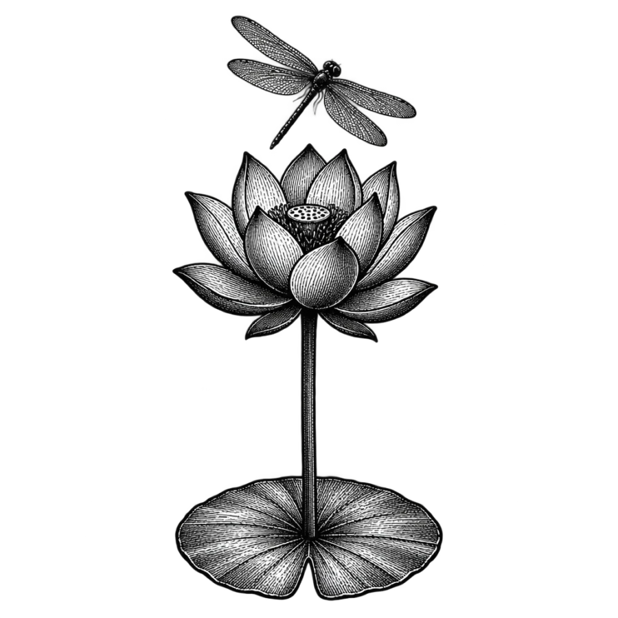 Engraved lotus tattoo design with a lily pad and a hovering dragonfly