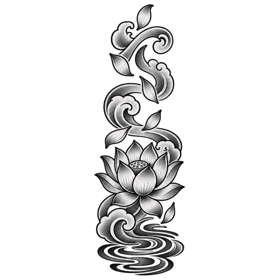 Japanese irezumi tattoo of a lotus over water with wind bars