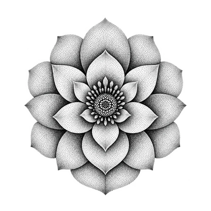 Dotwork stippled tattoo of a lotus seen from above in soft gradient