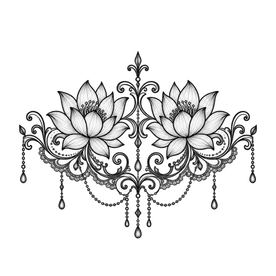 Ornamental filigree tattoo of two mirrored lotus flowers with pearls
