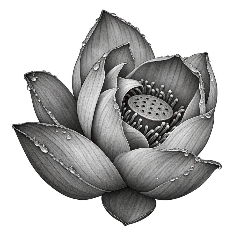 Black and grey realism tattoo close up of a half open lotus
