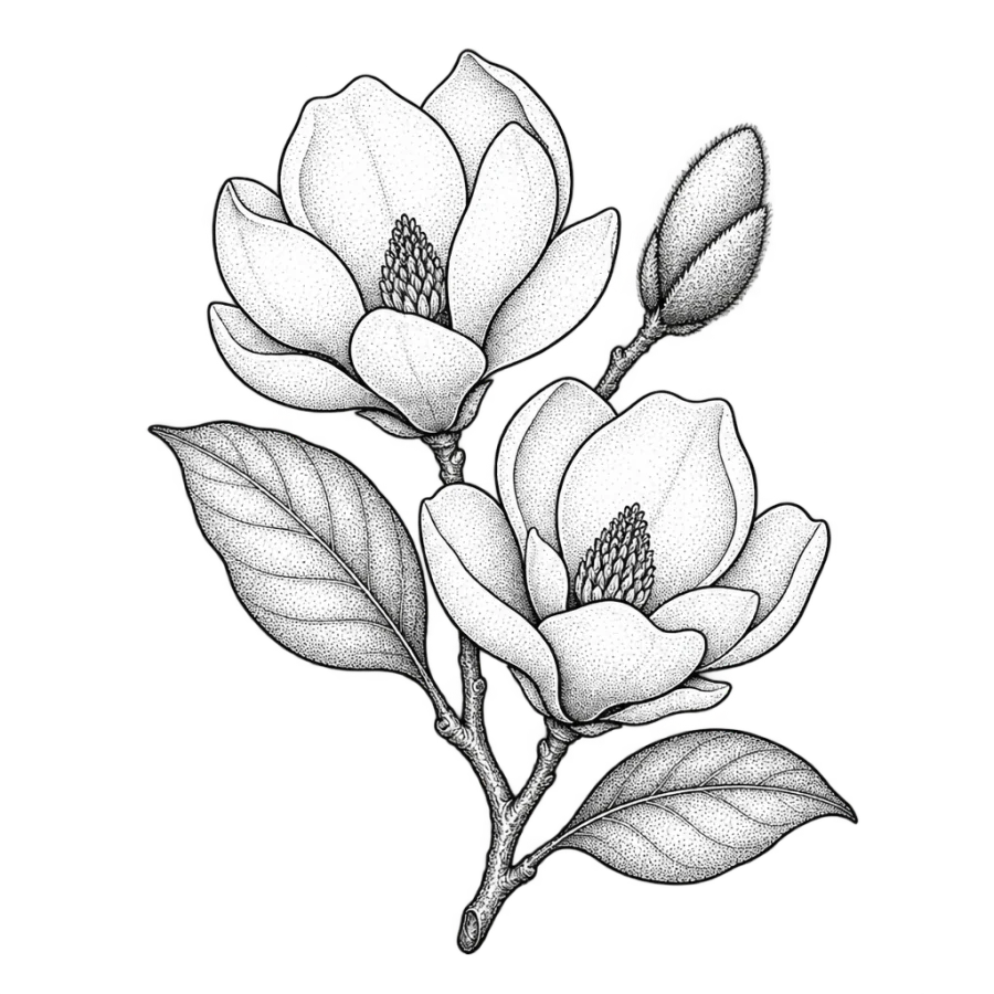 Fine line magnolia tattoo design with two open blossoms on a branch
