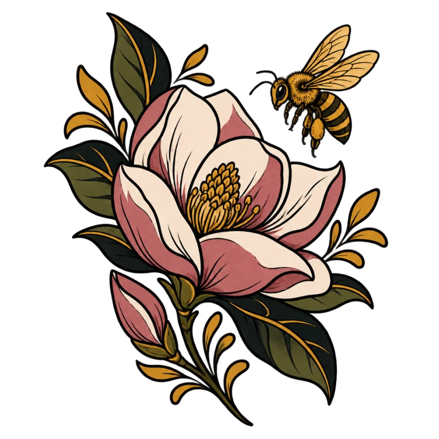 Neo traditional magnolia tattoo design with a honey bee in gold tones