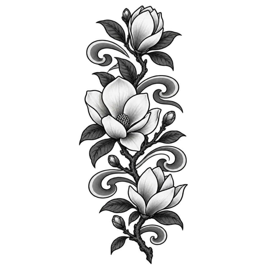 Japanese irezumi magnolia tattoo design as a tall bough with wind bars