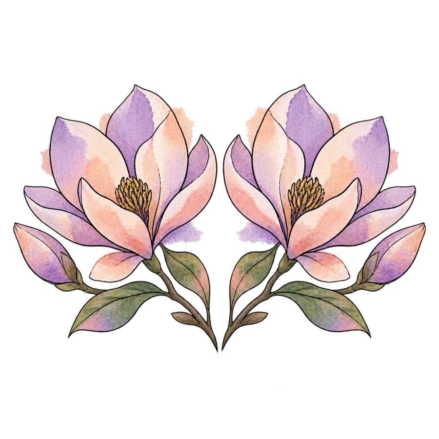 Watercolour magnolia tattoo design of two blossoms in lilac and peach