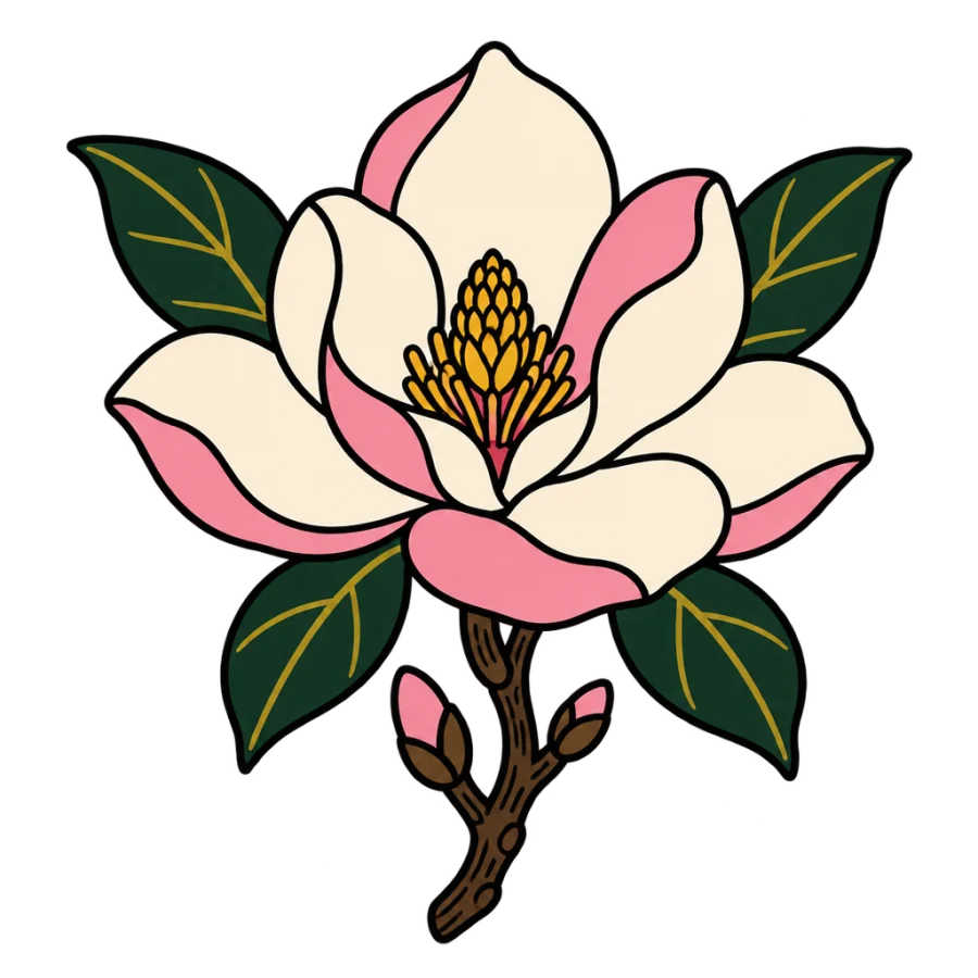 American traditional magnolia tattoo design with bold blush and cream petals