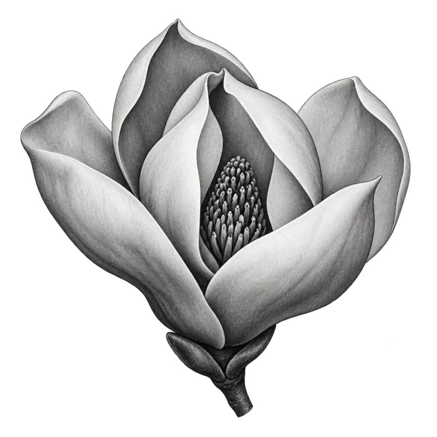 Black and grey realism magnolia tattoo design of one blossom opening