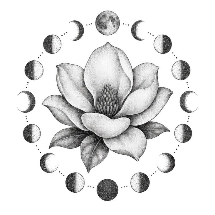 Dotwork magnolia tattoo design in a medallion ringed with moon phases