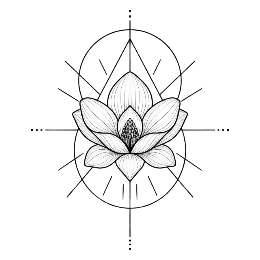 Geometric magnolia tattoo design over intersecting circles and fine rays