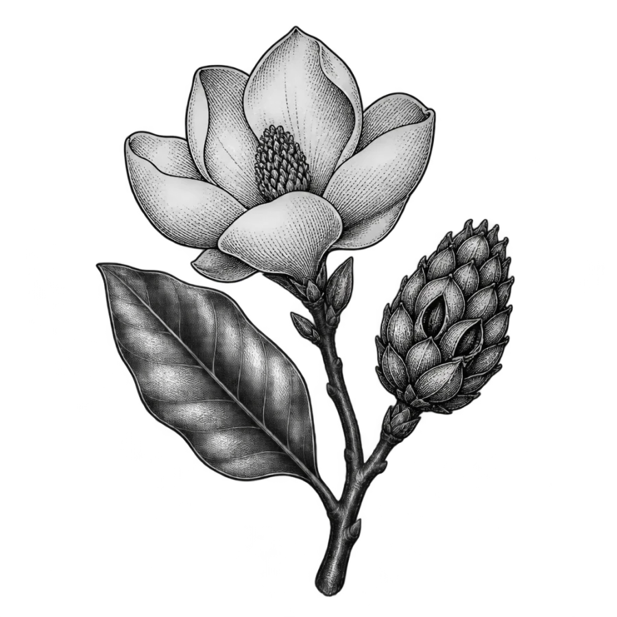 Engraved magnolia tattoo design with a blossom, leaf and seed cone