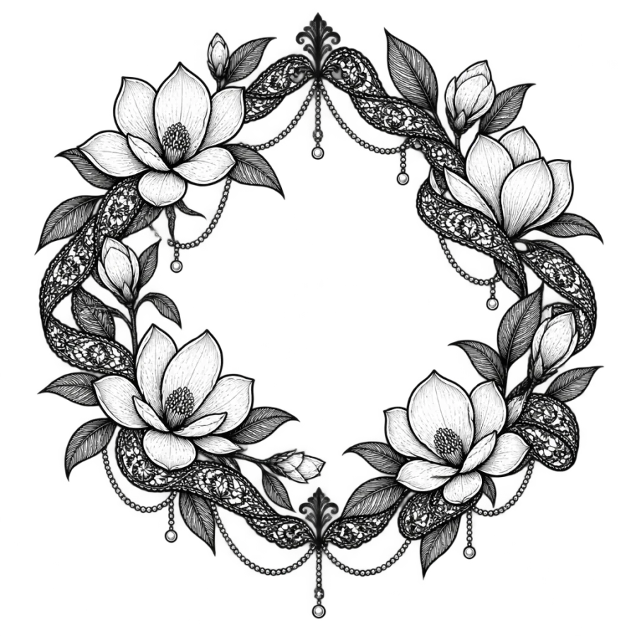 Ornamental filigree magnolia wreath tattoo design with lace and pearls