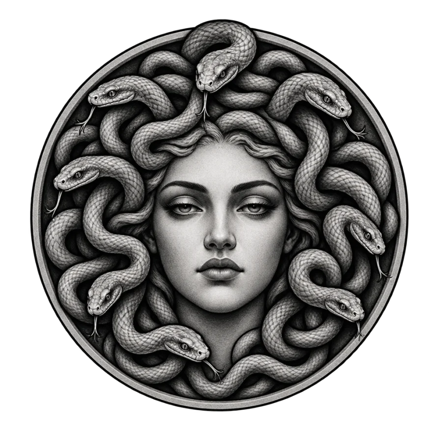 Black and grey realism Medusa tattoo design in a round serpent medallion