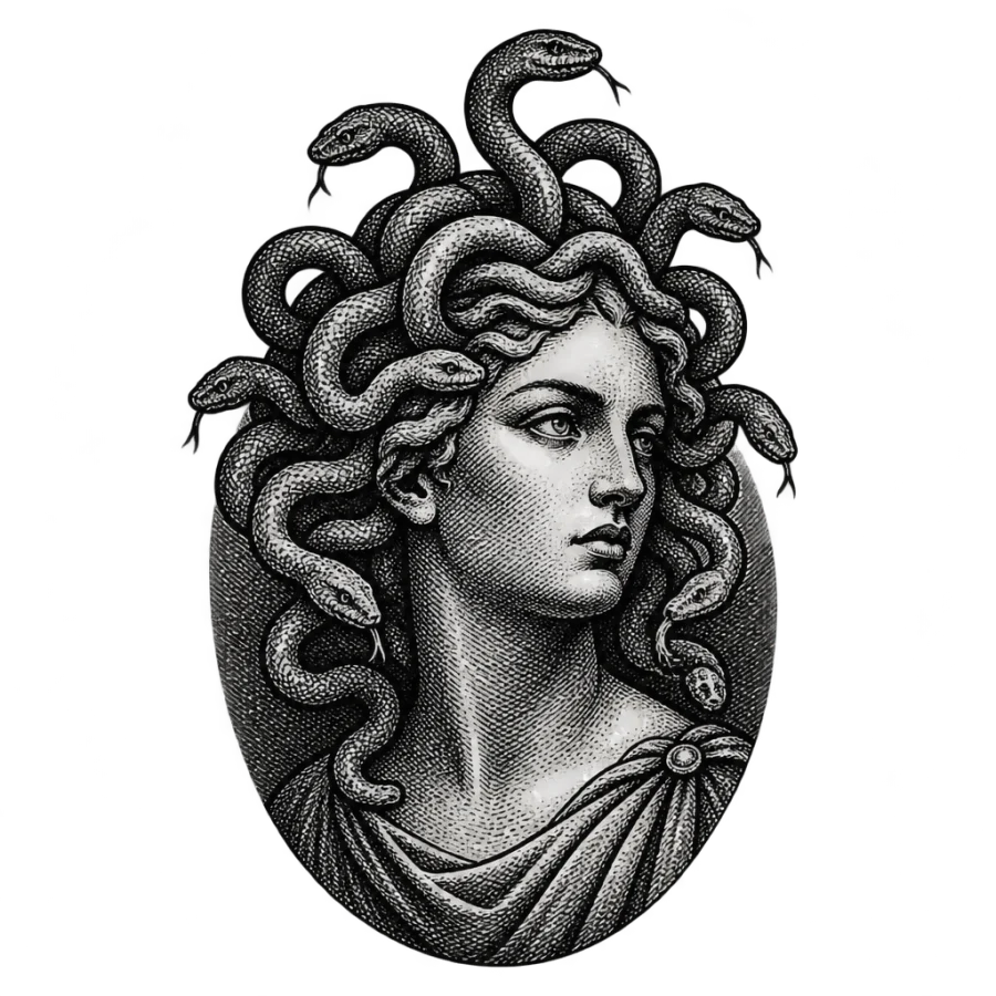 Woodcut engraving Medusa bust tattoo design with dense cross hatched shading