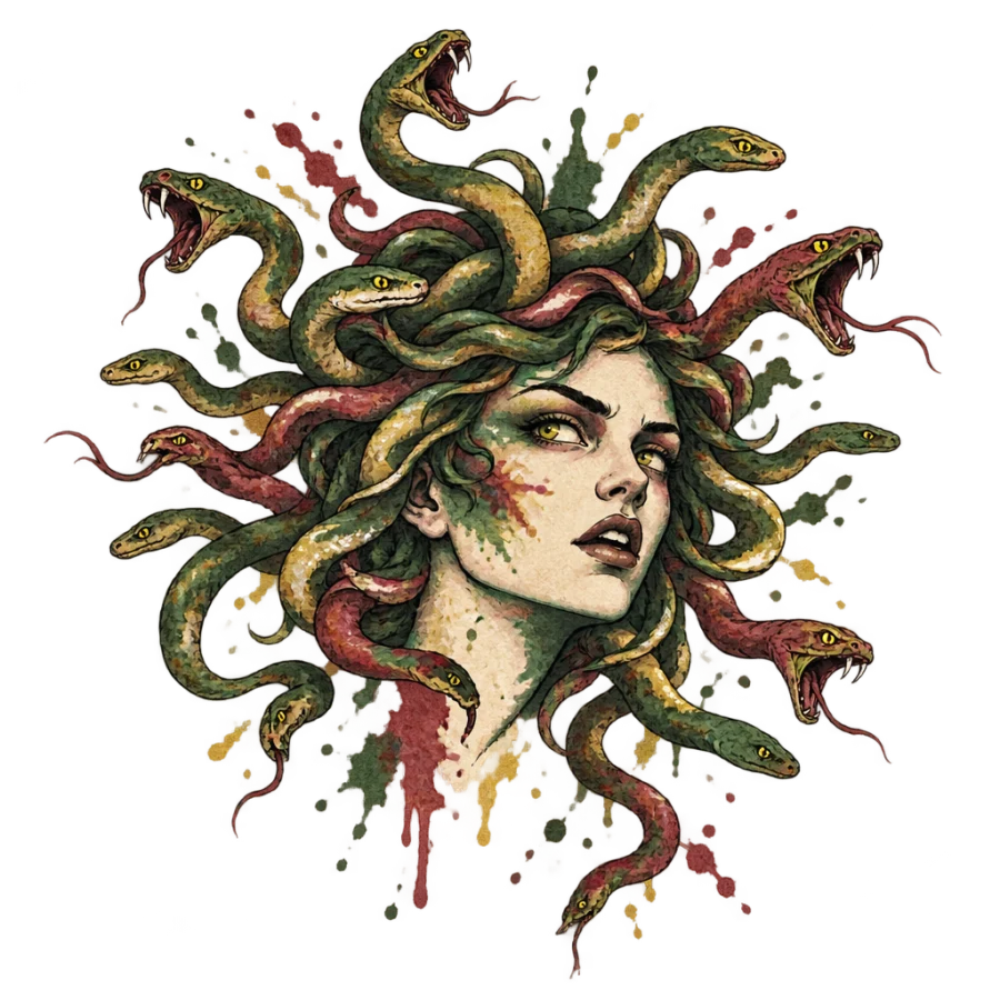Watercolor Medusa tattoo design with snakes flaring out in loose washes
