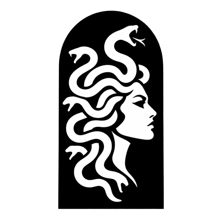 Negative space Medusa tattoo cut from a solid black arched panel