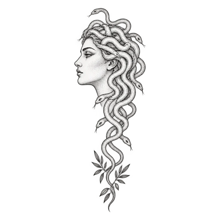 Fine line Medusa tattoo design in profile with trailing snakes and olive leaves
