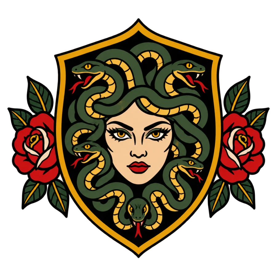 American traditional Medusa tattoo design on a shield flanked by two roses