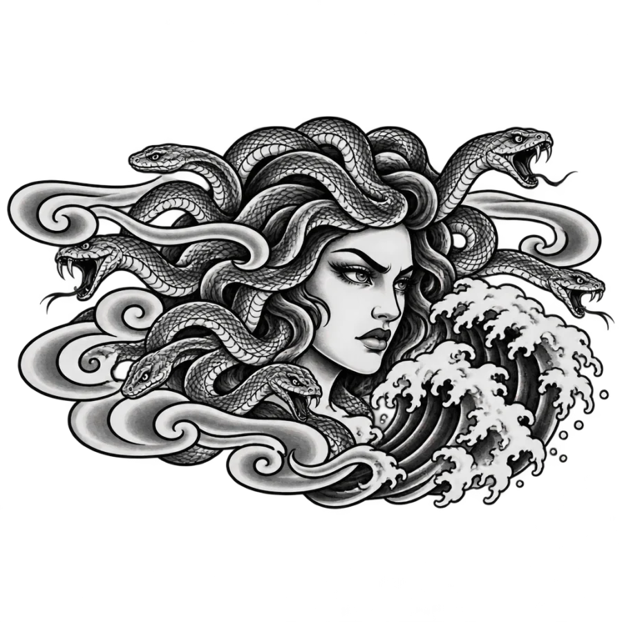 Japanese irezumi Medusa tattoo design with wind bars and a crashing wave
