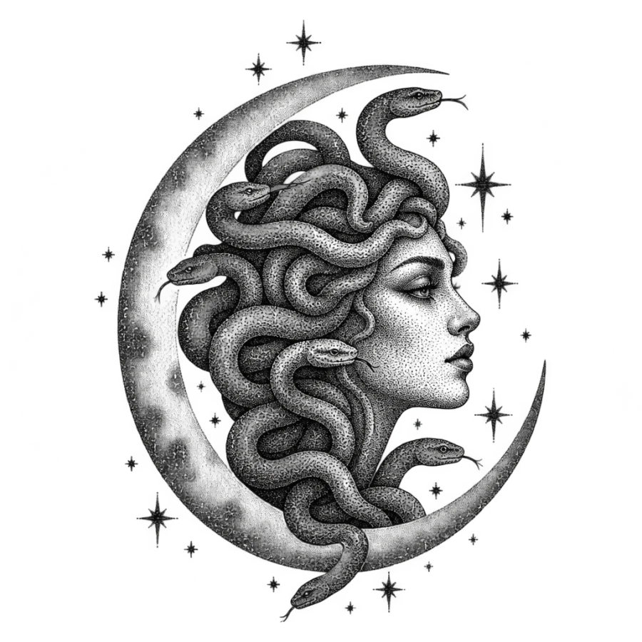 Dotwork Medusa tattoo design inside a crescent moon with scattered stars