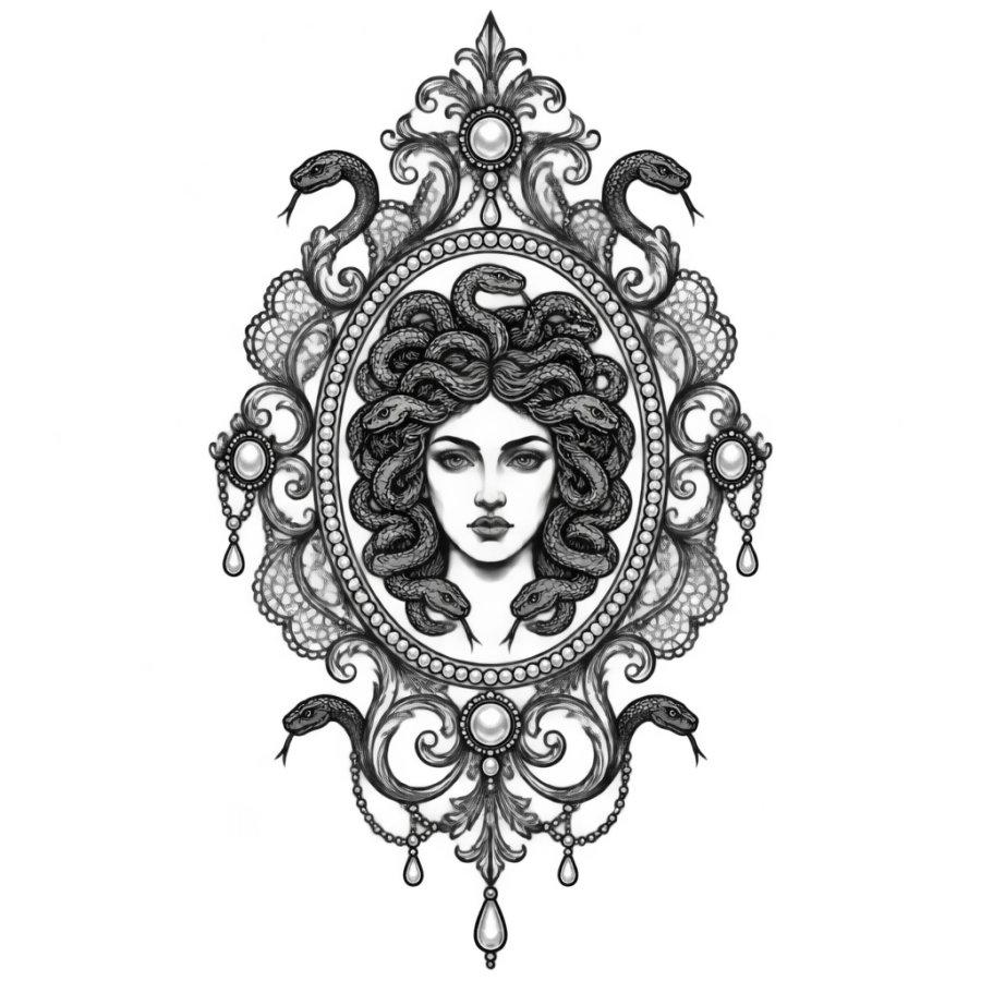 Ornamental filigree Medusa cameo tattoo design framed in lace and pearls
