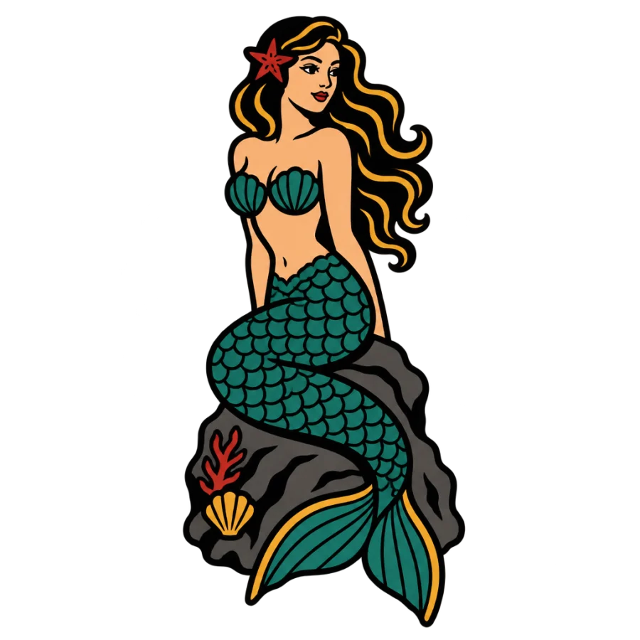 American traditional mermaid tattoo design seated on a rock in bold colour
