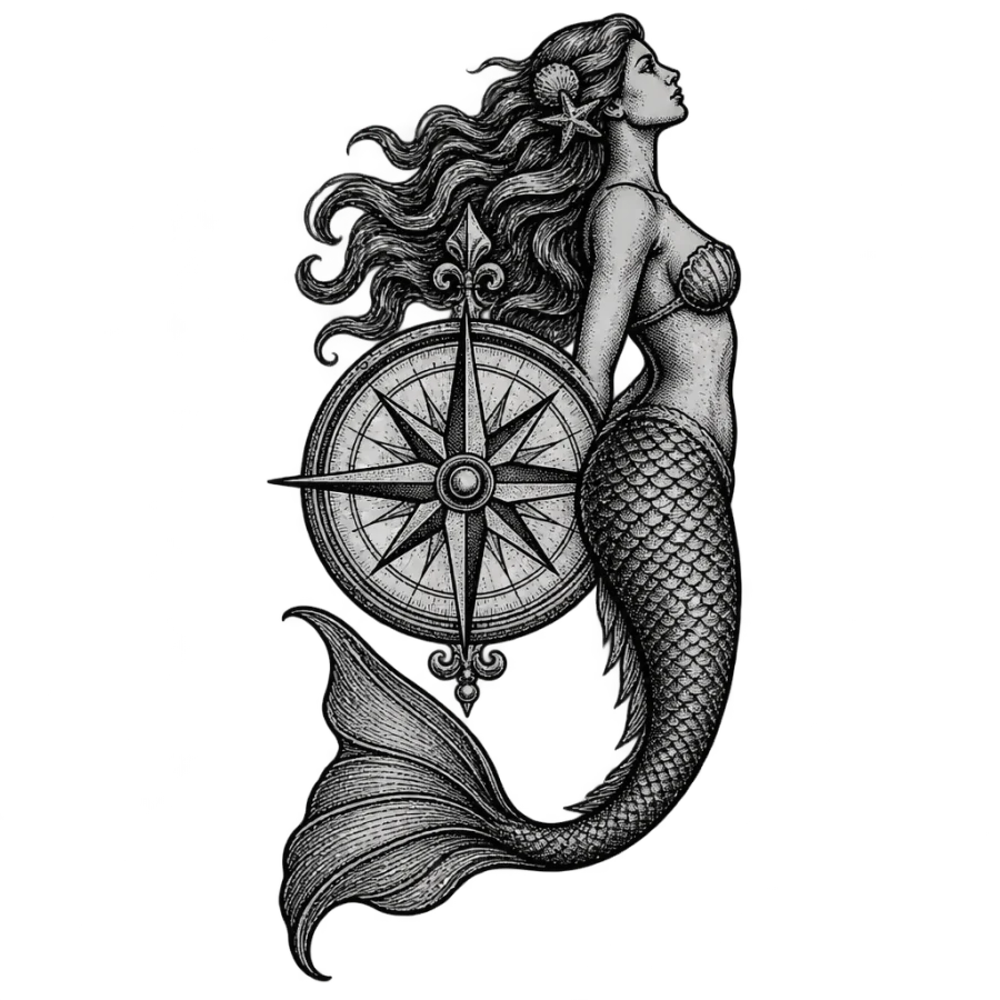 Engraved mermaid tattoo design rising beside an antique compass rose