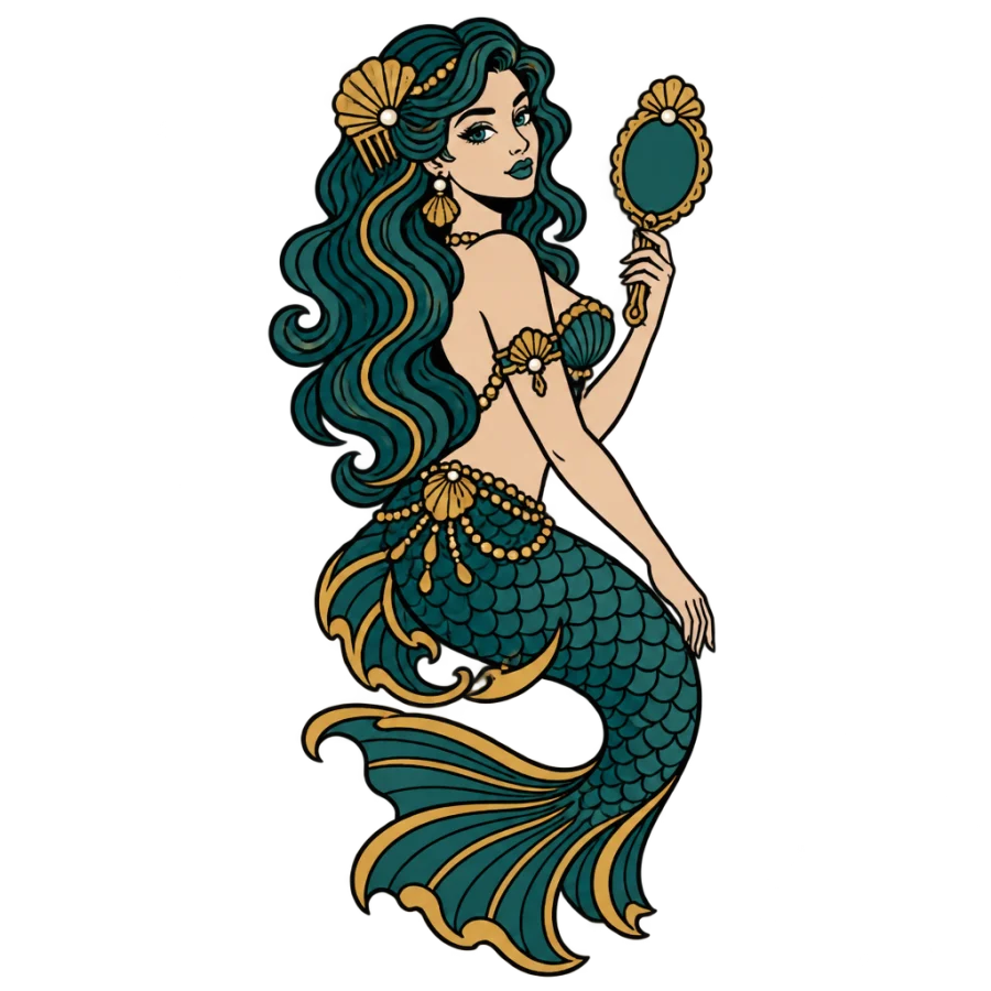 Neo traditional mermaid tattoo design holding a mirror with a shell comb