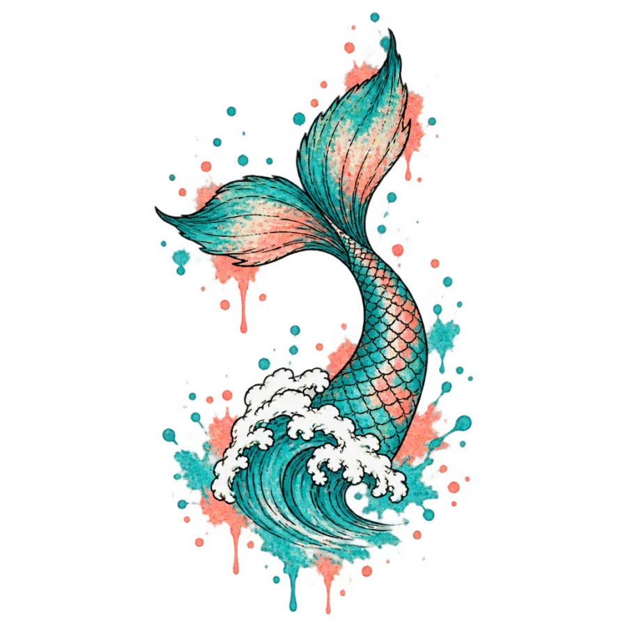 Watercolour mermaid tail tattoo design arcing from a wave in aqua washes