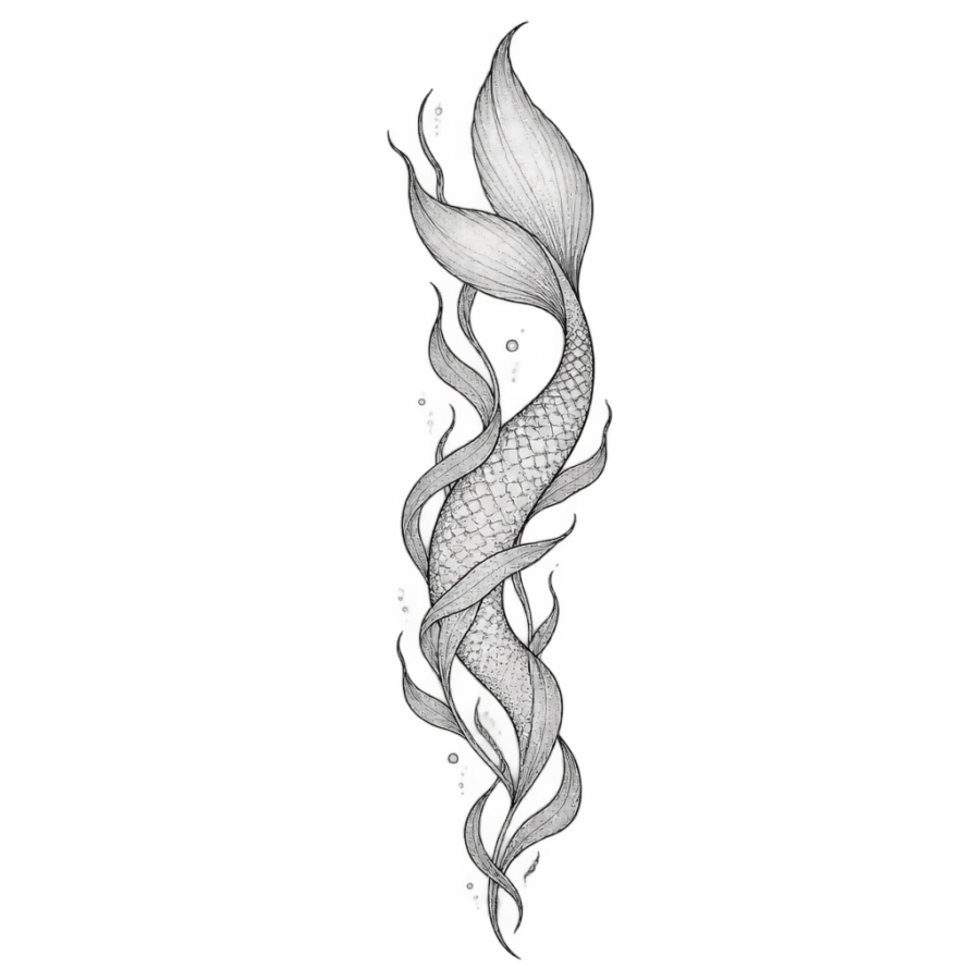 Fine line mermaid tail tattoo design curling upward through drifting seaweed