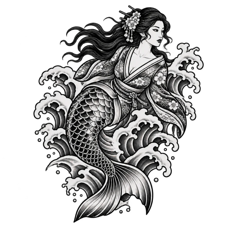 Japanese irezumi mermaid tattoo design swimming through bold breaking waves