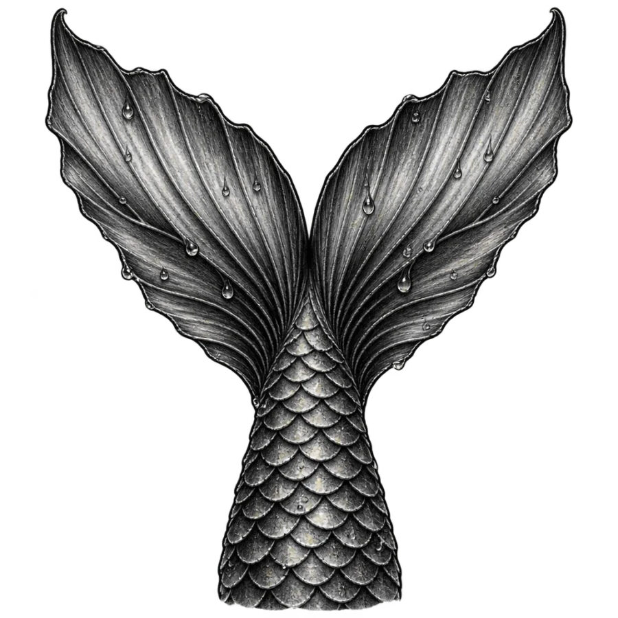 Black and grey realism tattoo design of a fanned mermaid tail fin
