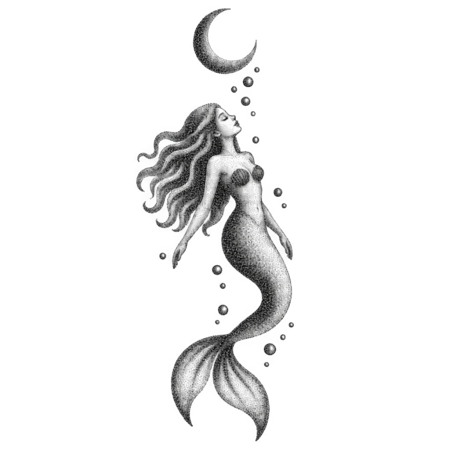 Dotwork mermaid tattoo design floating at rest beneath a crescent moon